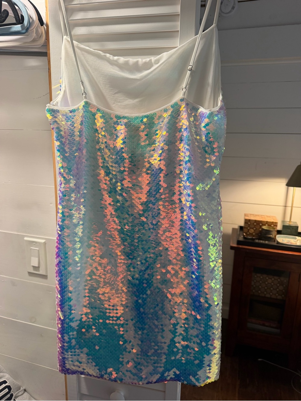L'AGENCE Iridescent Sequin Mini Dress - White Straps - Picture 3 of 4